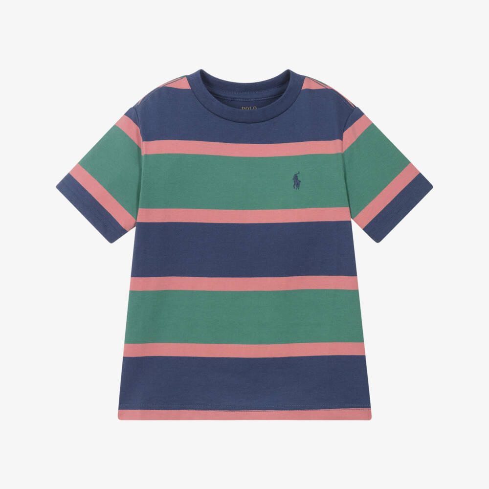Ralph Lauren-Boys Blue, Green & Pink Cotton Stripe T-Shirt | Childrensalon Outlet