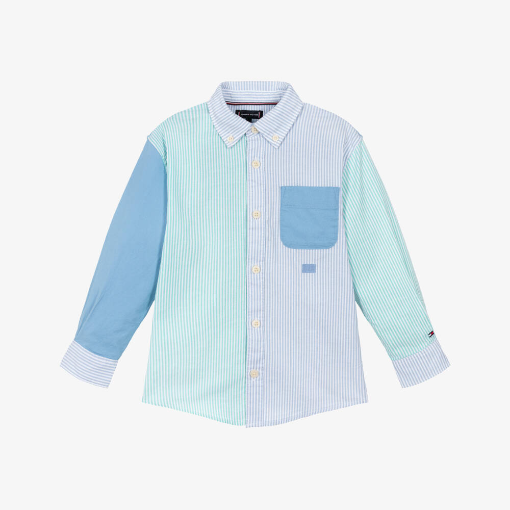 Tommy Hilfiger-Boys Blue & Green Stripe Cotton Colourblock Shirt | Childrensalon Outlet