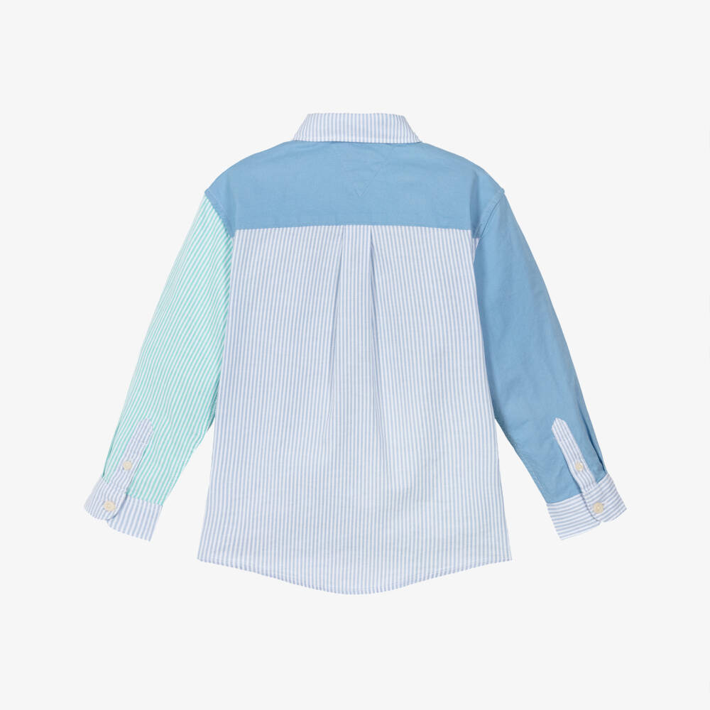 Tommy Hilfiger-Boys Blue & Green Stripe Cotton Colourblock Shirt | Childrensalon Outlet