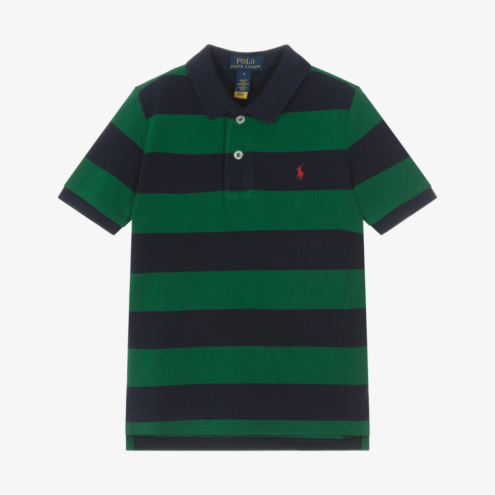 Ralph Lauren-Boys Blue & Green Stripe Short-Sleeve Cotton Polo Shirt | Childrensalon Outlet