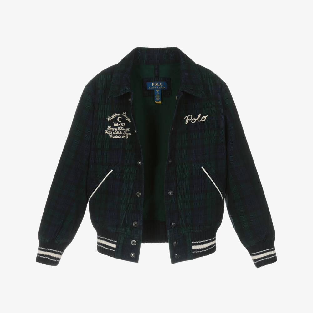 Ralph Lauren-Boys Blue & Green Tartan Corduroy Bomber Jacket | Childrensalon Outlet