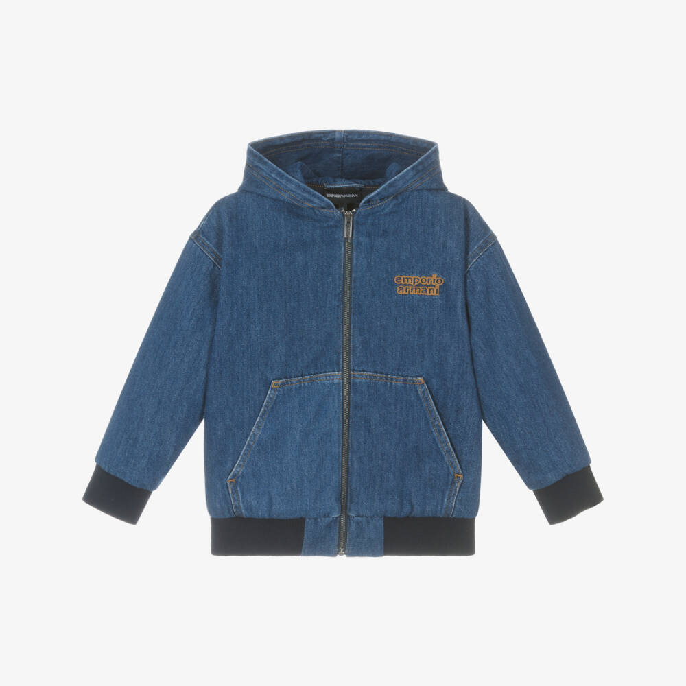 Emporio Armani-Boys Blue Hooded Denim Jacket with Embroidered Logo | Childrensalon Outlet