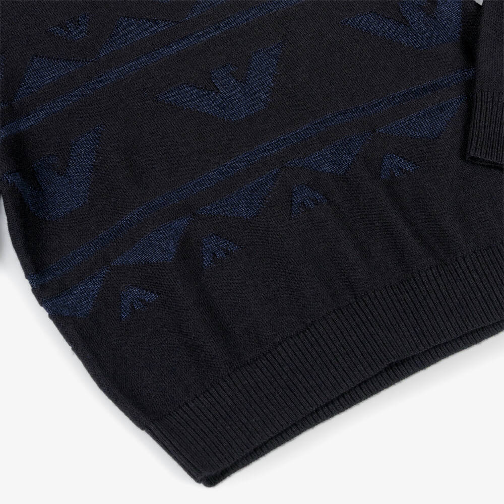 Emporio Armani-Boys Blue Jacquard Knit Sweater with Eagle Logos | Childrensalon Outlet