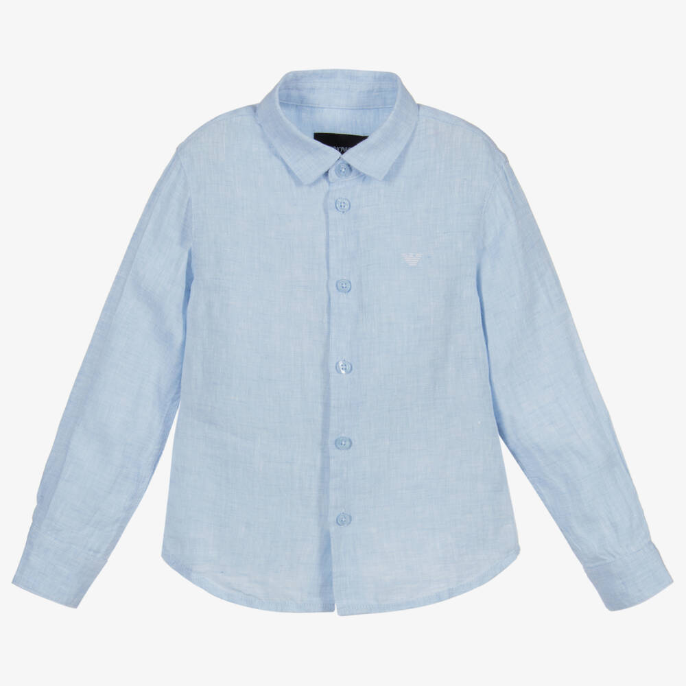 Emporio Armani-Boys Blue Linen Logo Shirt | Childrensalon Outlet