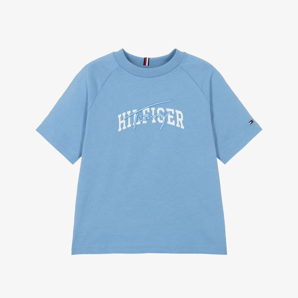 Tommy Hilfiger-Boys Blue Mixed Logo Raglan Sleeve Cotton T-Shirt | Childrensalon Outlet