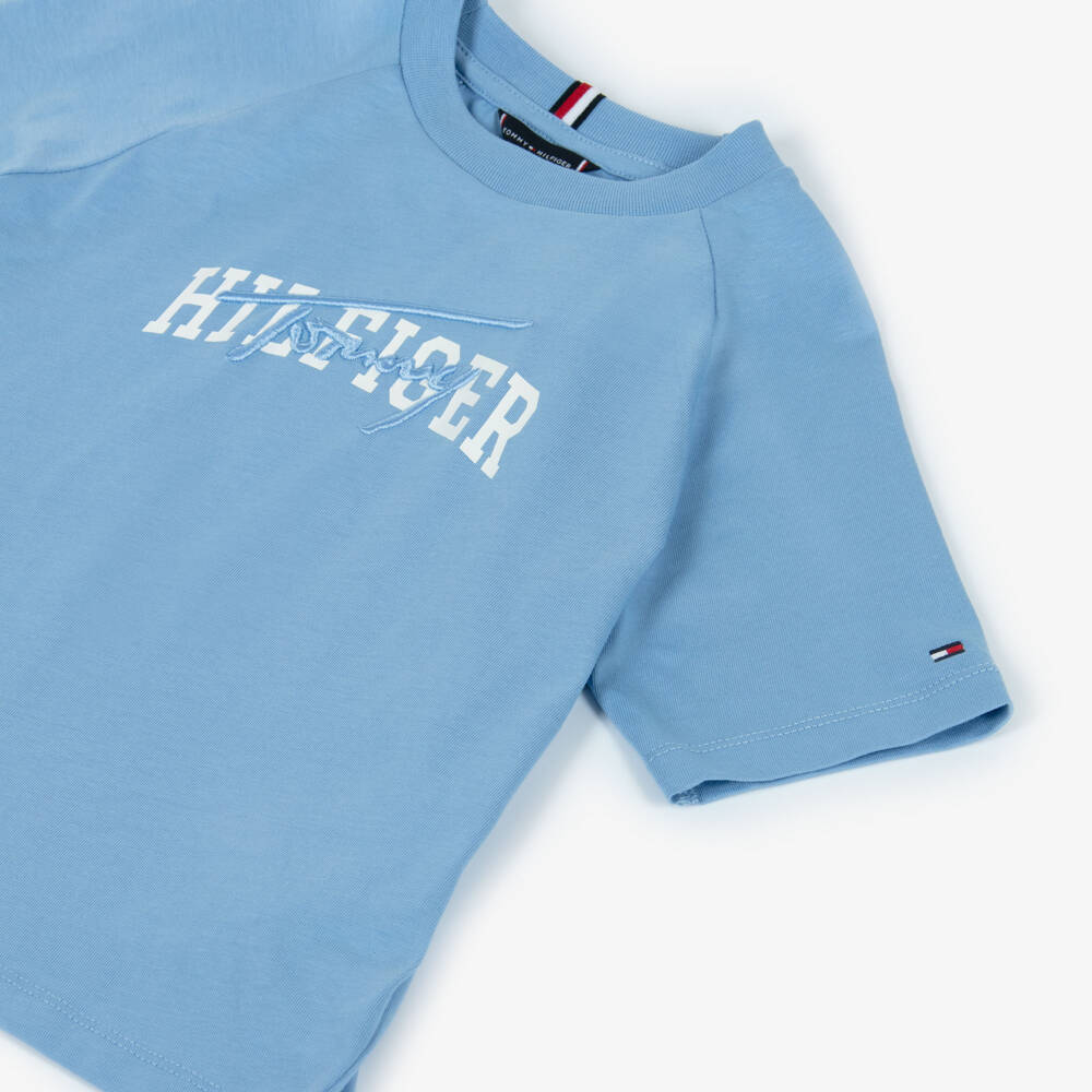 Tommy Hilfiger-Boys Blue Mixed Logo Raglan Sleeve Cotton T-Shirt | Childrensalon Outlet