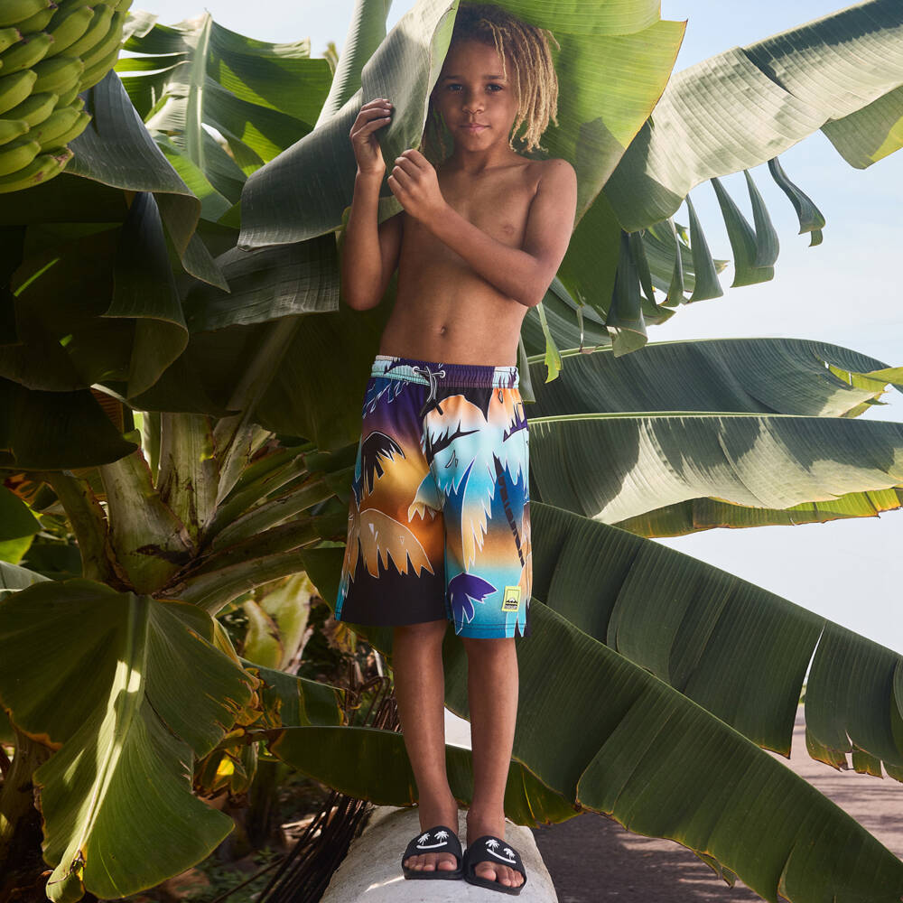 Molo-Boys Blue Multi Palm Tree Swim Shorts (UPF50+) | Childrensalon Outlet