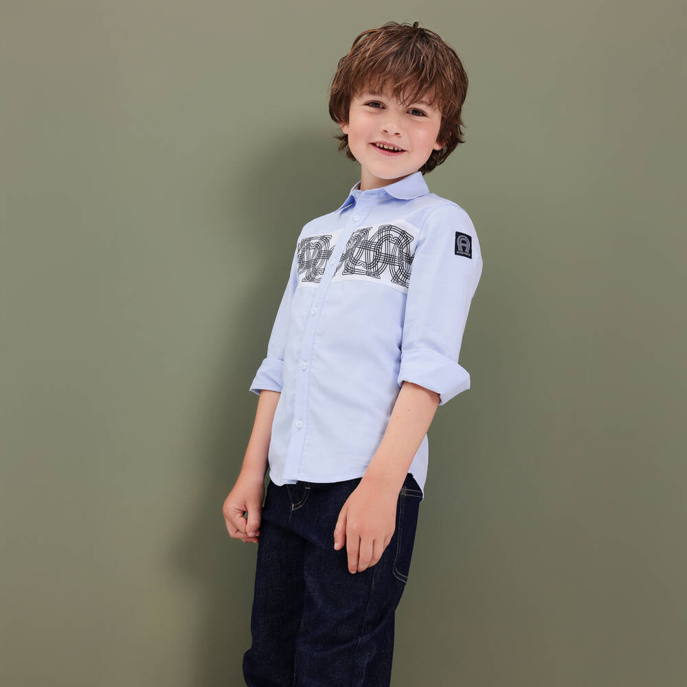 AIGNER-Boys Blue Oxford Cotton Logo Pattern Shirt | Childrensalon Outlet