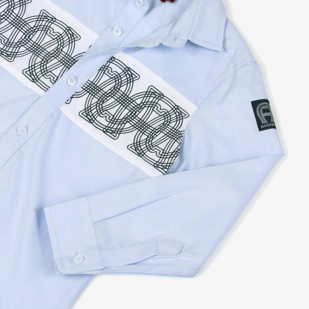 AIGNER-Boys Blue Oxford Cotton Logo Pattern Shirt | Childrensalon Outlet