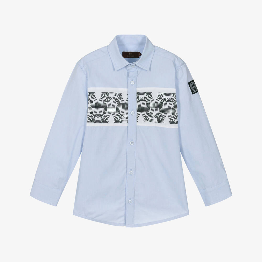 AIGNER-Boys Blue Oxford Cotton Logo Pattern Shirt | Childrensalon Outlet