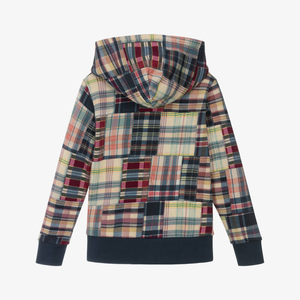 Ralph Lauren-Boys Blue & Red Check Cotton Hoodie with Patchwork Effect | Childrensalon Outlet
