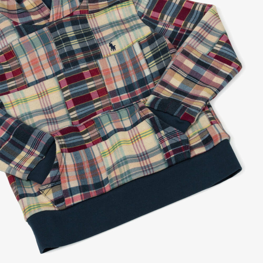 Ralph Lauren-Boys Blue & Red Check Cotton Hoodie with Patchwork Effect | Childrensalon Outlet