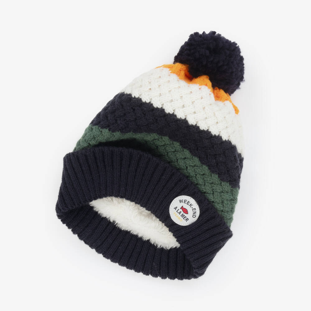 Week-end à la mer-Boys Blue Stripe Knitted Pom-Pom Hat | Childrensalon Outlet