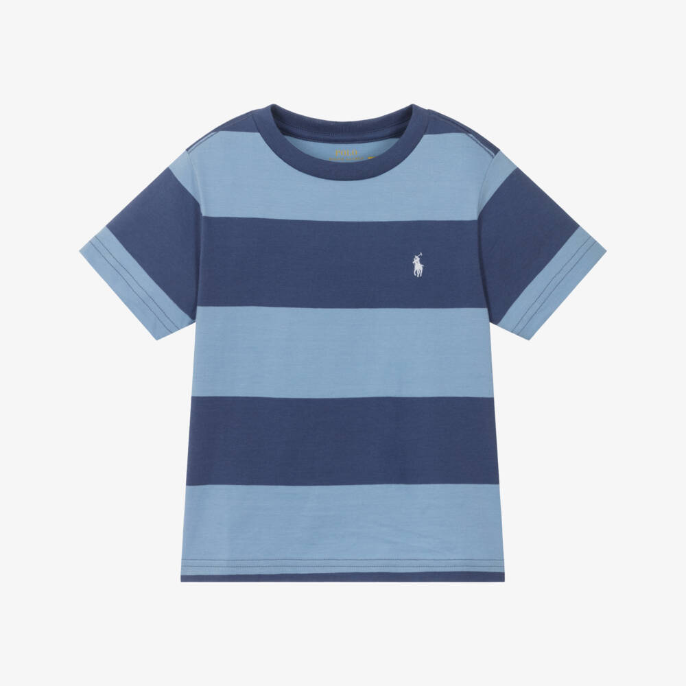 Ralph Lauren-Boys Blue Striped Cotton Pony Logo T-Shirt | Childrensalon Outlet