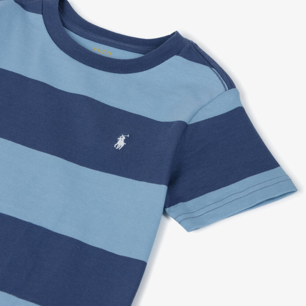 Ralph Lauren-Boys Blue Striped Cotton Pony Logo T-Shirt | Childrensalon Outlet