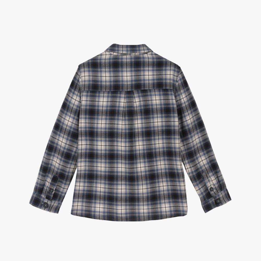Tartine et Chocolat-Boys Blue Tartan Cotton Shirt with Embroidered Logo | Childrensalon Outlet