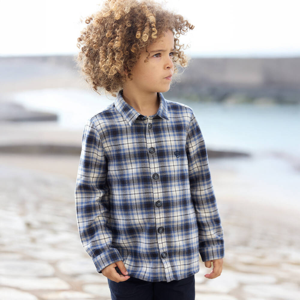 Tartine et Chocolat-Boys Blue Tartan Cotton Shirt with Embroidered Logo | Childrensalon Outlet