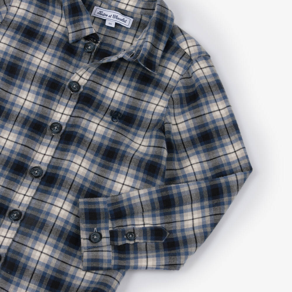 Tartine et Chocolat-Boys Blue Tartan Cotton Shirt with Embroidered Logo | Childrensalon Outlet