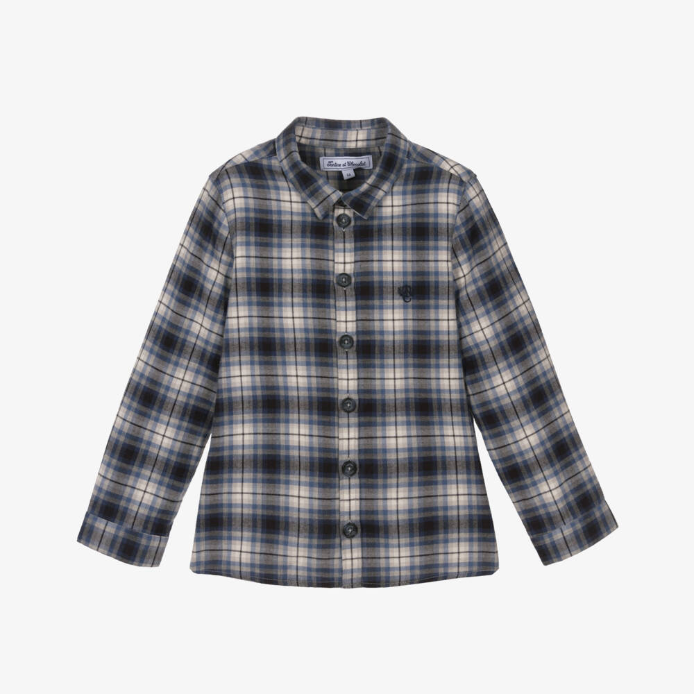 Tartine et Chocolat-Boys Blue Tartan Cotton Shirt with Embroidered Logo | Childrensalon Outlet