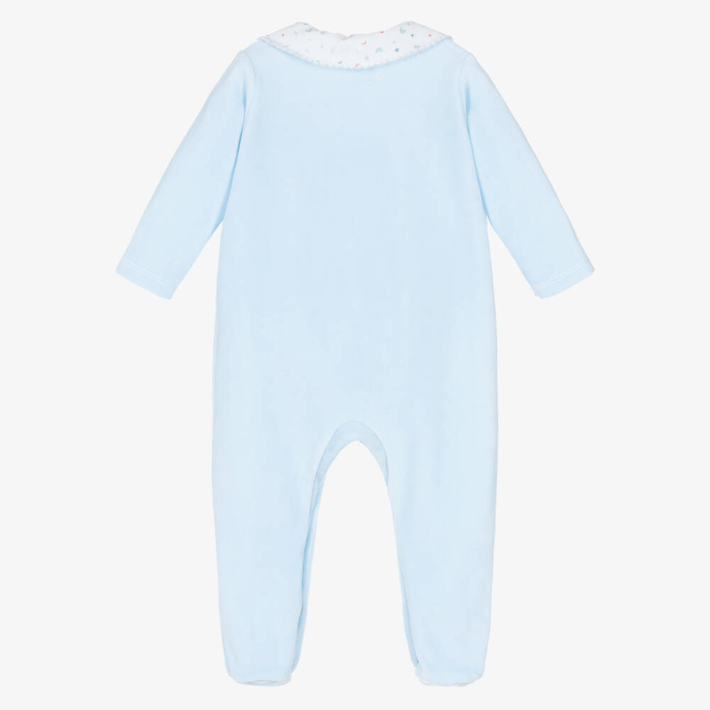 Babidu-Boys Blue Velour Babygrow with Printed Trims | Childrensalon Outlet