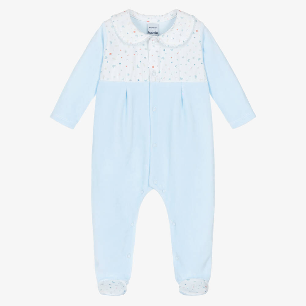 Babidu-Boys Blue Velour Babygrow with Printed Trims | Childrensalon Outlet