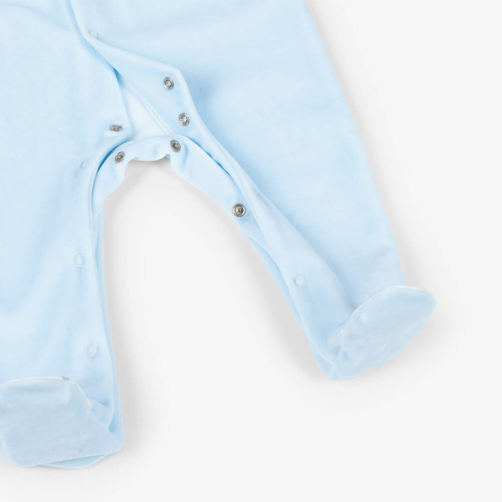 Babidu-Boys Blue Velour Babygrow with Printed Trims | Childrensalon Outlet