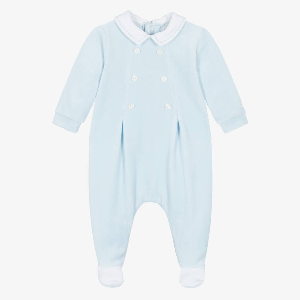 Emile et Rose-Boys Blue Velour Babygrow with White Trims | Childrensalon Outlet