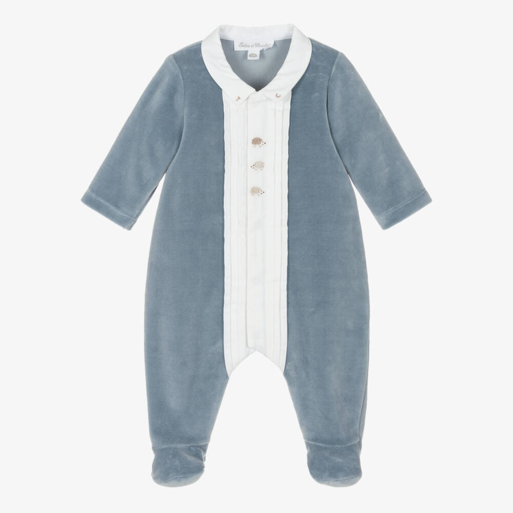 Tartine et Chocolat-Boys Blue Velour Hedgehog Babygrow | Childrensalon Outlet