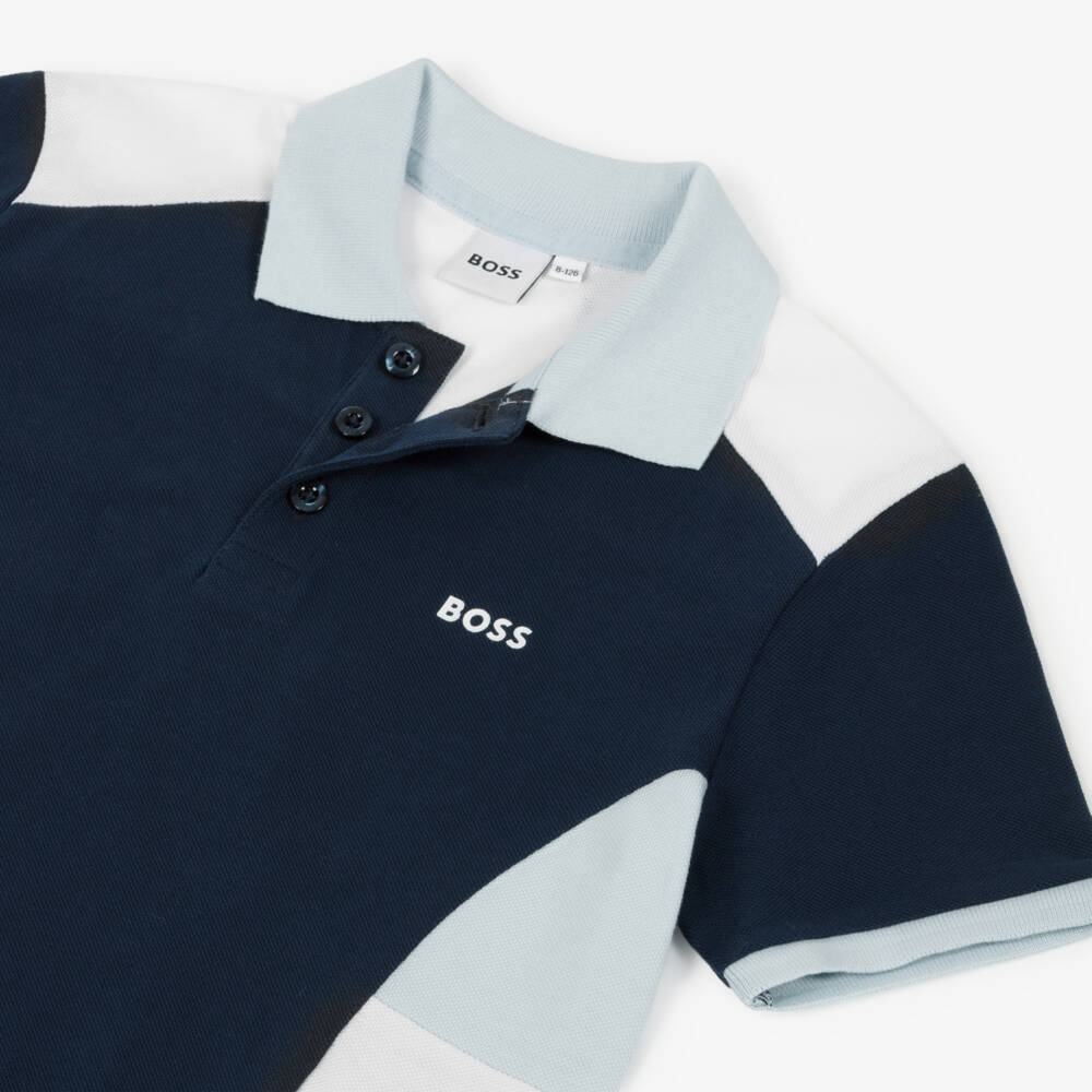 BOSS-Boys Blue & White Colourblock Cotton Polo Shirt | Childrensalon Outlet