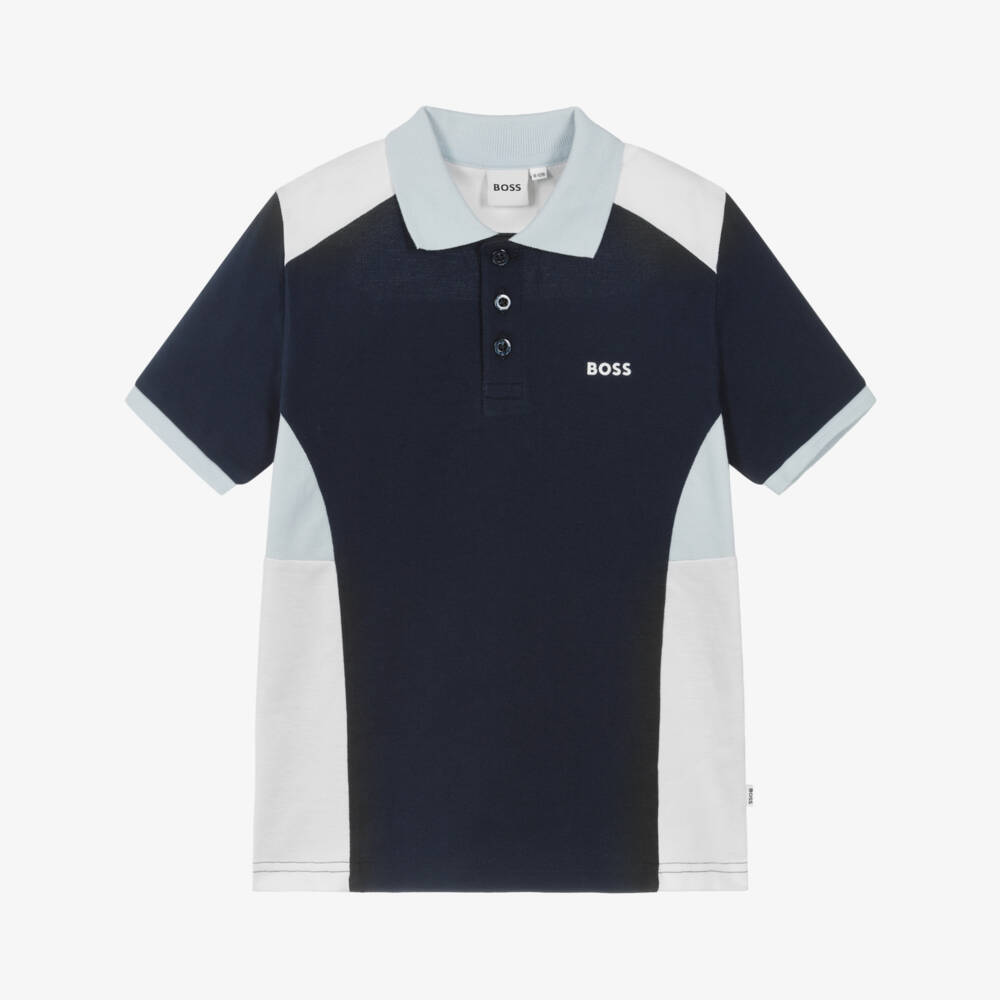 BOSS-Boys Blue & White Colourblock Cotton Polo Shirt | Childrensalon Outlet