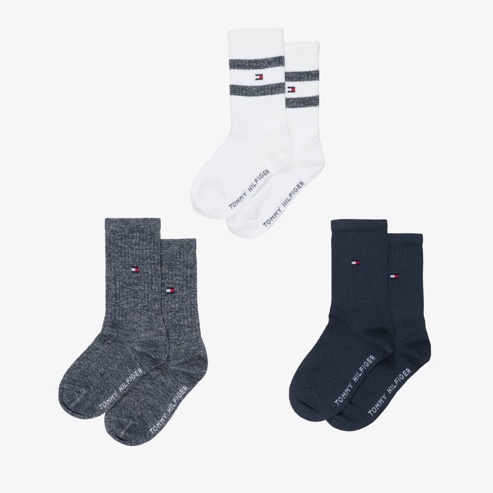 Tommy Hilfiger-Boys Blue & White Cotton Ankle Socks (3 Pack) | Childrensalon Outlet