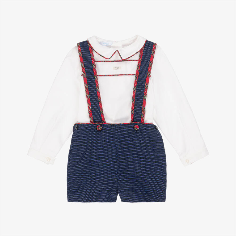 Foque-Boys Blue & White Cotton Shorts Set with Tartan Trim | Childrensalon Outlet