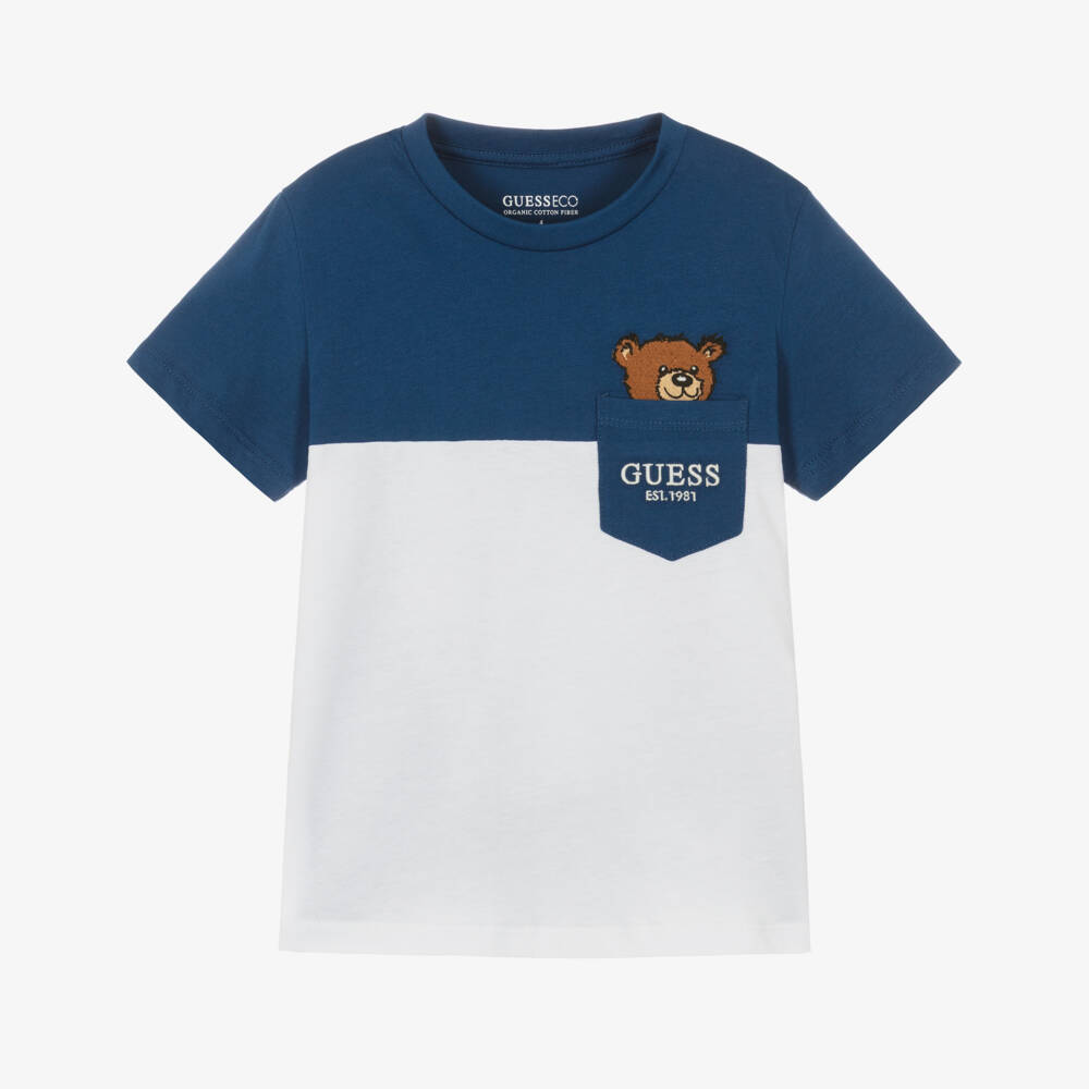 Guess-Boys Blue & White Cotton Teddy Bear Pocket T-Shirt | Childrensalon Outlet