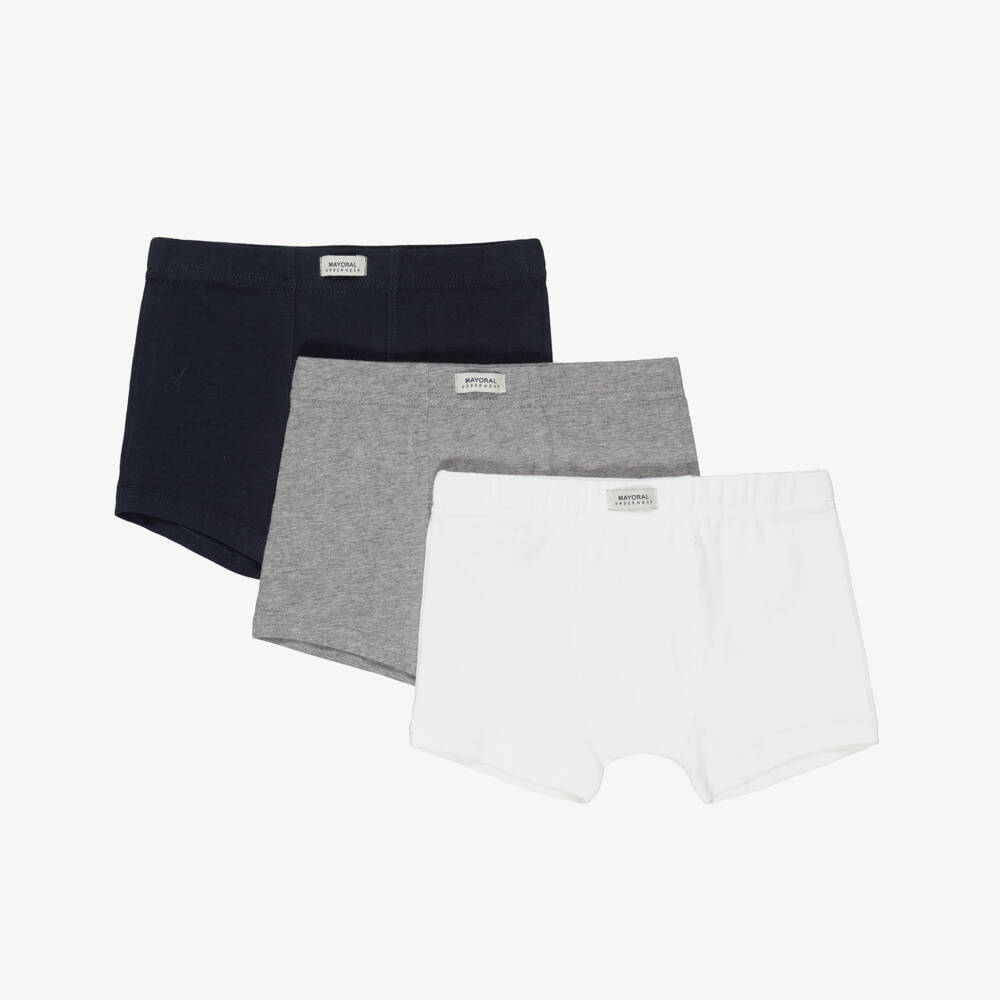 Mayoral-Boys Blue, White & Grey Cotton Boxer Shorts (3 Pack) | Childrensalon Outlet
