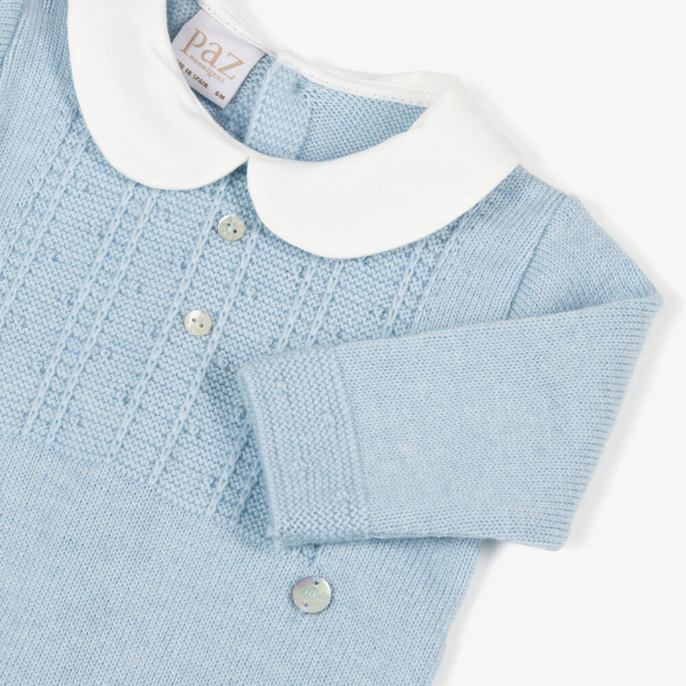 PAZ Rodríguez-Boys Blue Wool Knit Babygrow with White Collar | Childrensalon Outlet