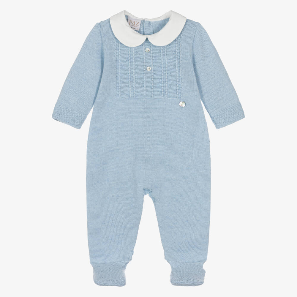 PAZ Rodríguez-Boys Blue Wool Knit Babygrow with White Collar | Childrensalon Outlet