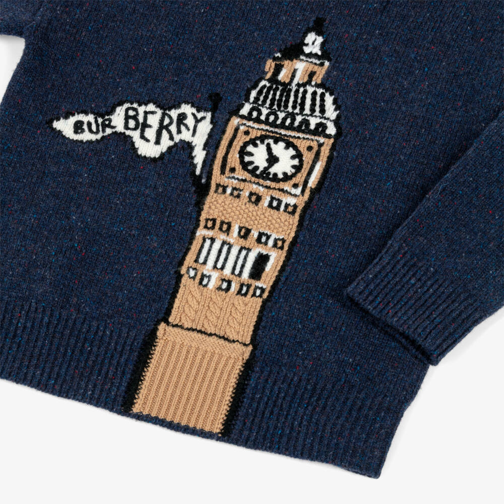 Burberry-Boys Blue Wool Knit Sweater with Big Ben Graphic | Childrensalon Outlet