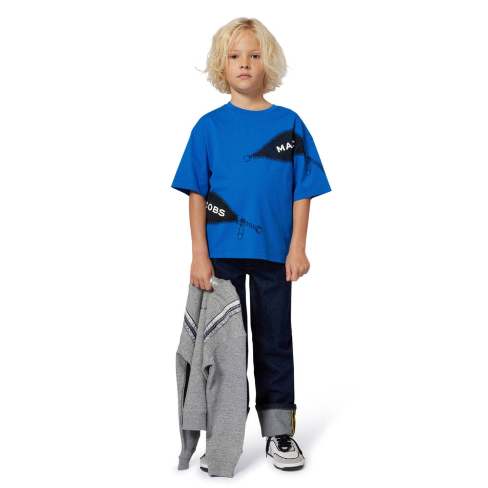 MARC JACOBS-Boys Blue Zipped Logo Organic Cotton T-Shirt | Childrensalon Outlet