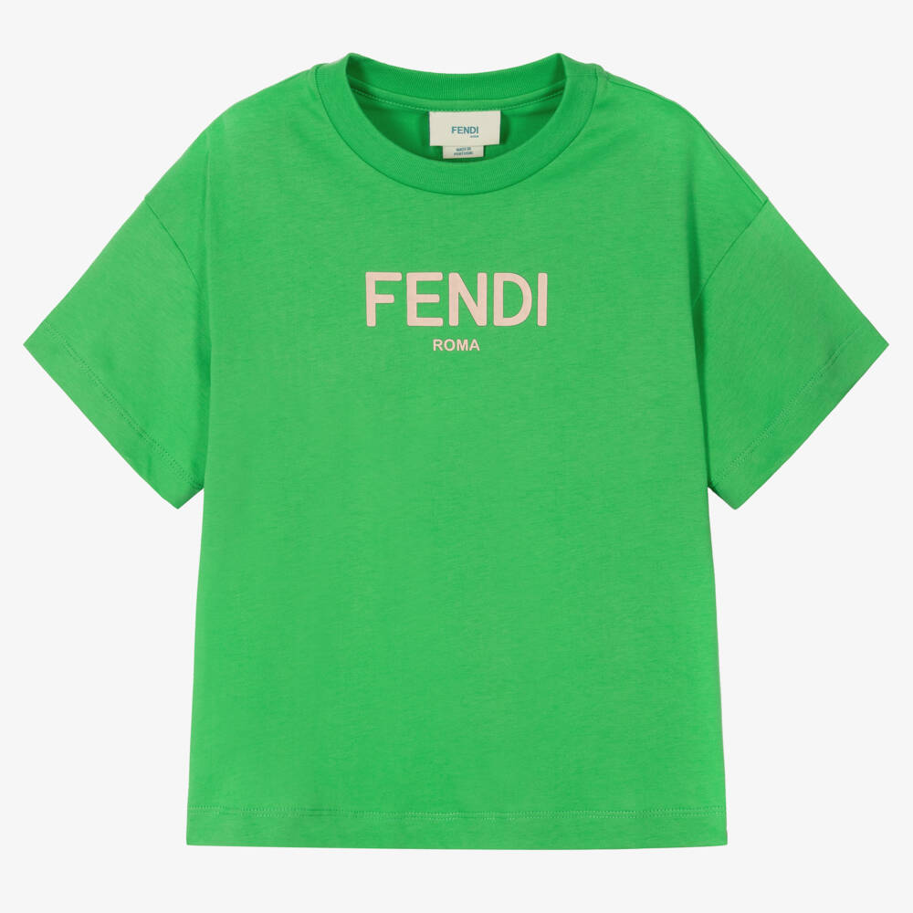Fendi-Boys Bright Green Cotton T-Shirt with Roma Logo Print | Childrensalon Outlet