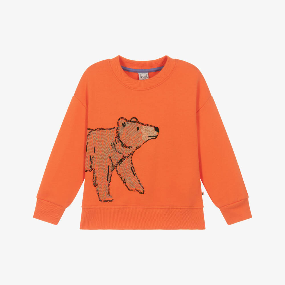 Frugi-Boys Bright Orange Organic Cotton Bear Sweatshirt | Childrensalon Outlet