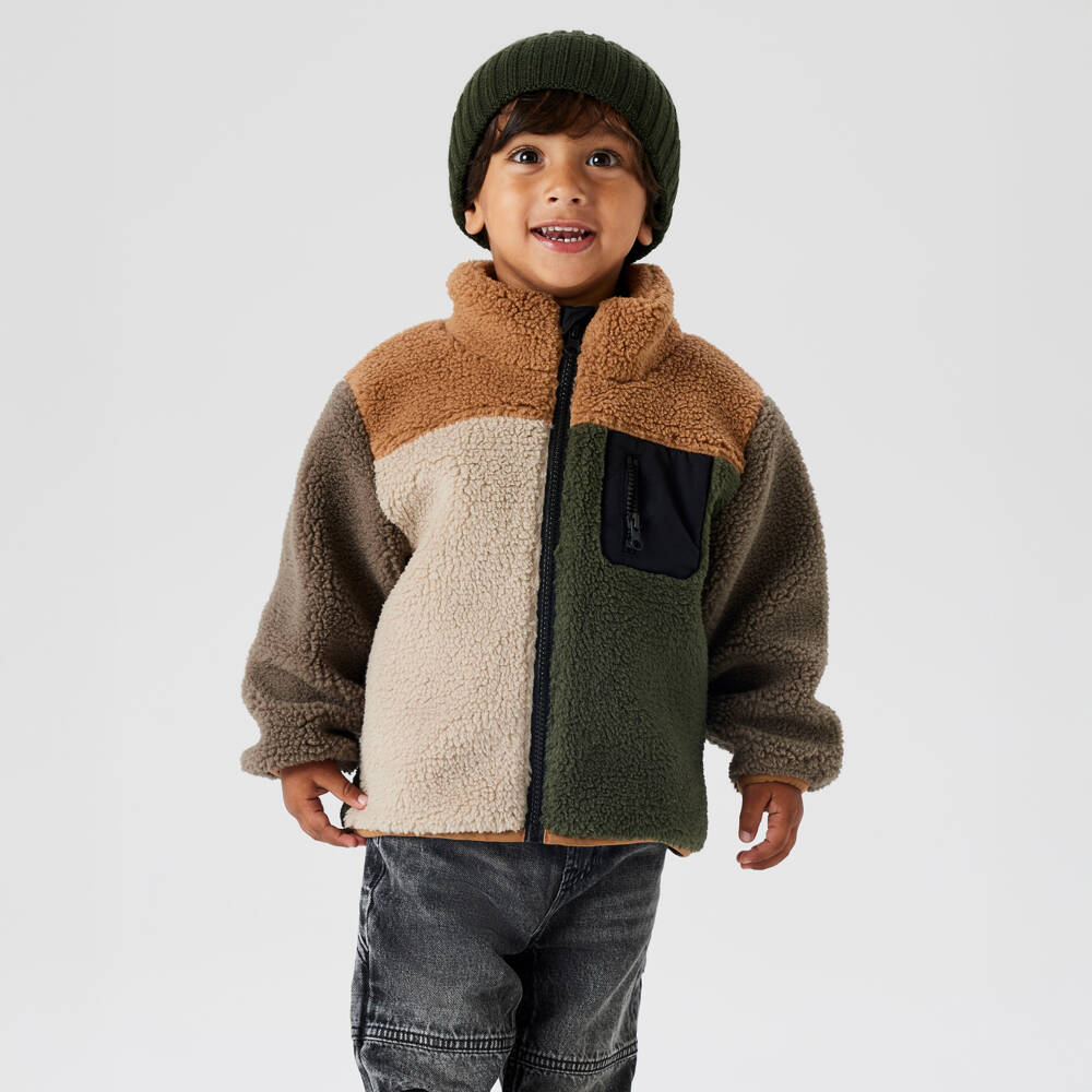 NAME IT-Boys Brown Colourblock Sherpa Fleece Jacket | Childrensalon Outlet
