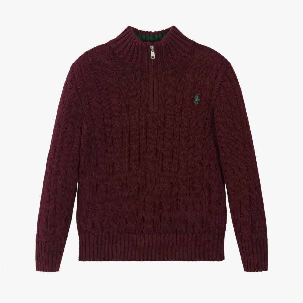 Ralph Lauren-Boys Burgundy Red Cable Knit Quarter-Zip Sweater | Childrensalon Outlet