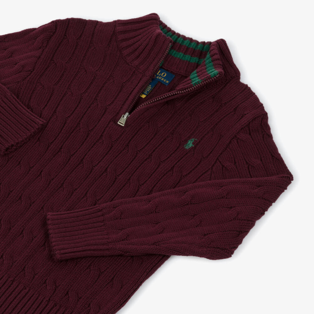 Ralph Lauren-Boys Burgundy Red Cable Knit Quarter-Zip Sweater | Childrensalon Outlet