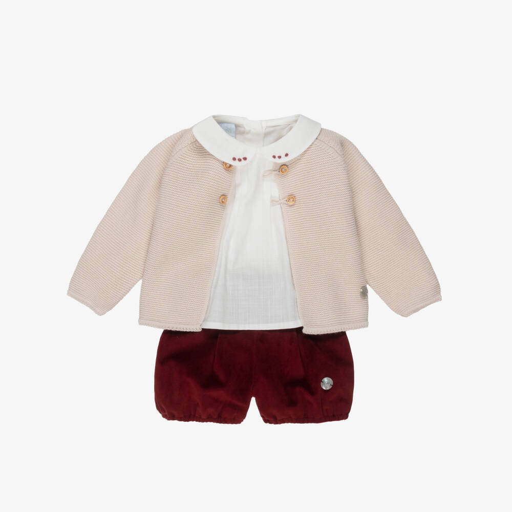 Artesanía Granlei-Boys Burgundy Red Velvet Shorts & Cardigan Set | Childrensalon Outlet