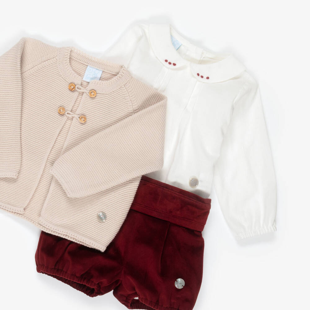 Artesanía Granlei-Boys Burgundy Red Velvet Shorts & Cardigan Set | Childrensalon Outlet