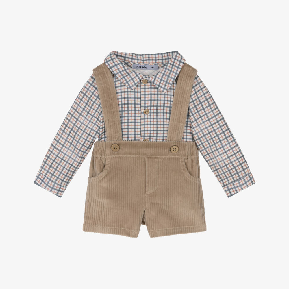 Babidu-Boys Checked Shirt & Beige Corduroy Shorts Set | Childrensalon Outlet
