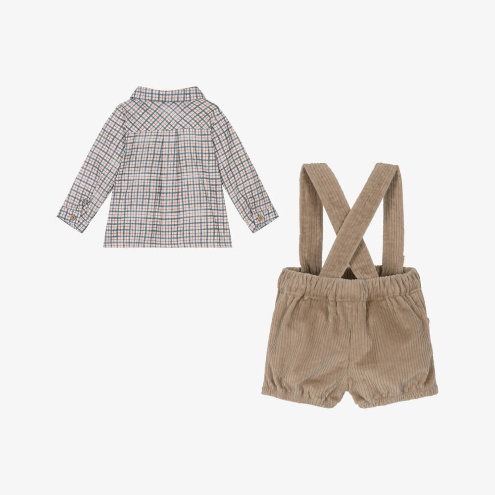 Babidu-Boys Checked Shirt & Beige Corduroy Shorts Set | Childrensalon Outlet