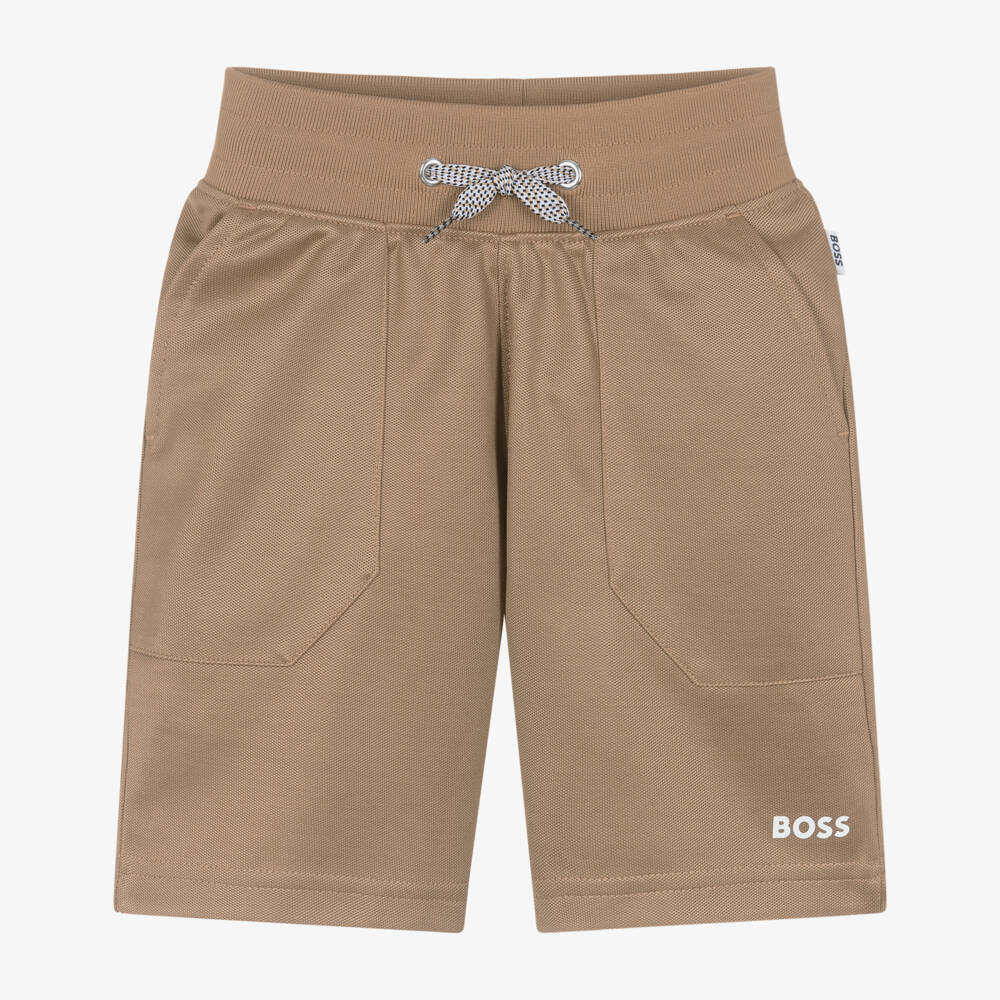 BOSS-Boys Dark Beige Cotton Jersey Shorts | Childrensalon Outlet