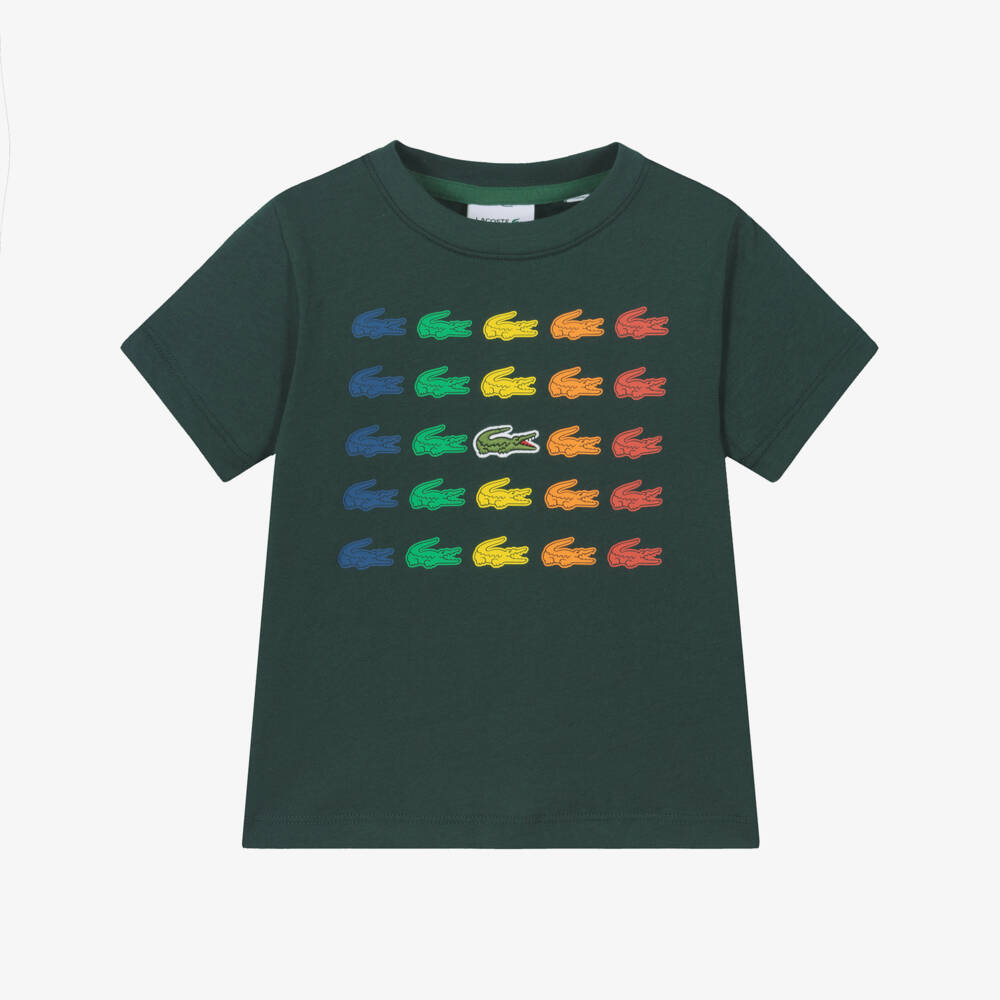 Lacoste-Boys Dark Green Cotton T-Shirt with Colourful Logos | Childrensalon Outlet