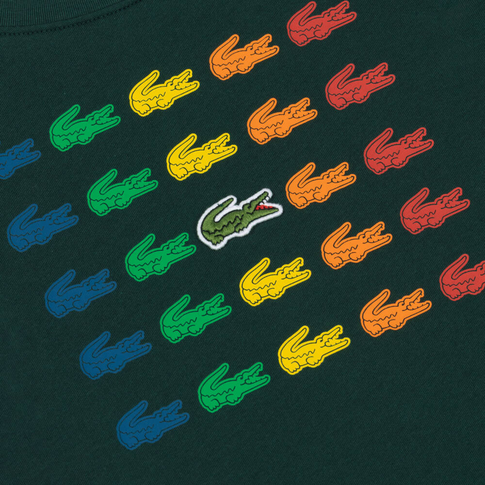 Lacoste-Boys Dark Green Cotton T-Shirt with Colourful Logos | Childrensalon Outlet